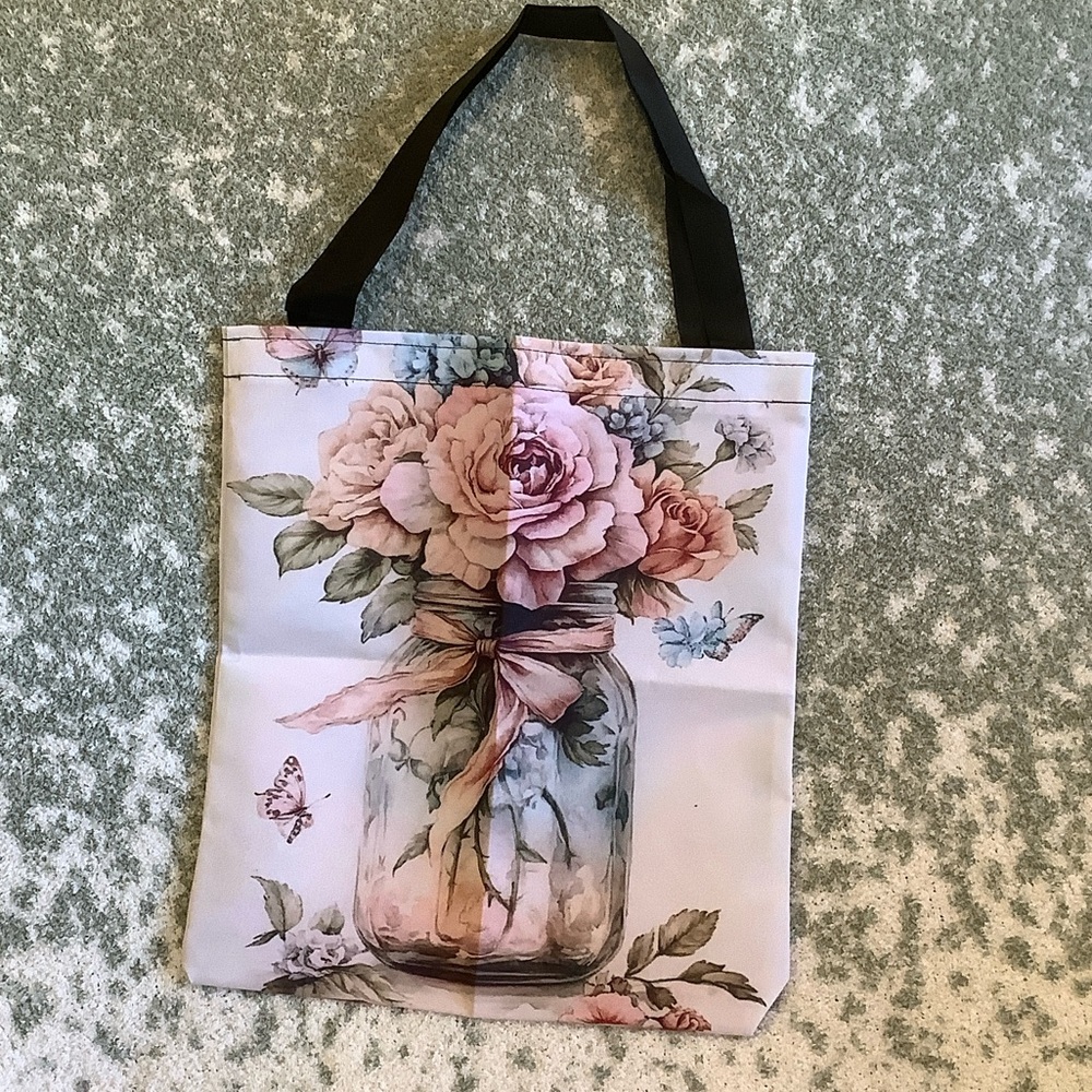 Floral Bouquet Mason Jar Butterflies Shabby Chic Polycanvas Tote Bag NWT 14x16